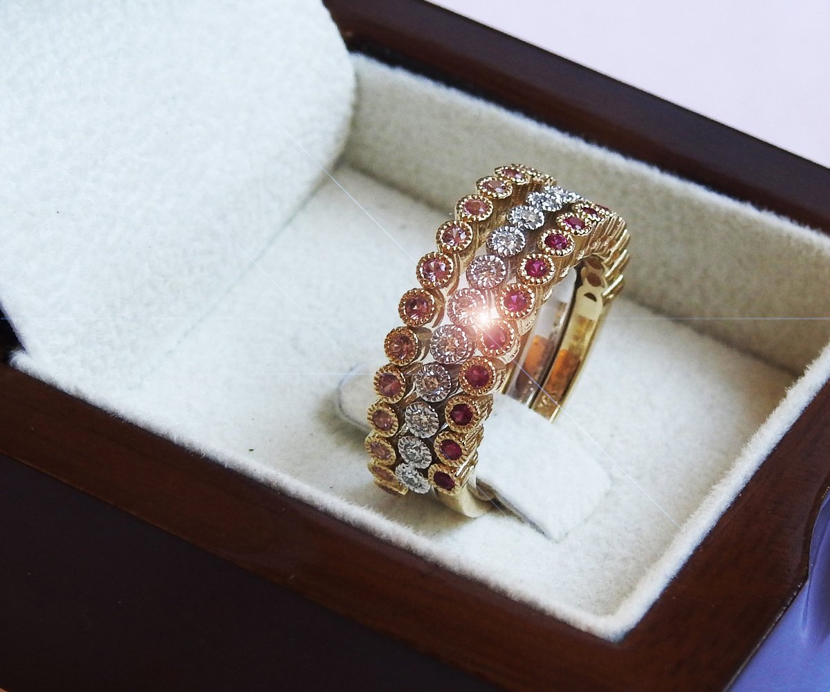 Stacking Rings Bands Jewelry Ring Set Ruby Diamond Pink Sapphire Genuine Gemstones Top Quality 45 stones Anniversary Gift 3 Rings 14K Gold
