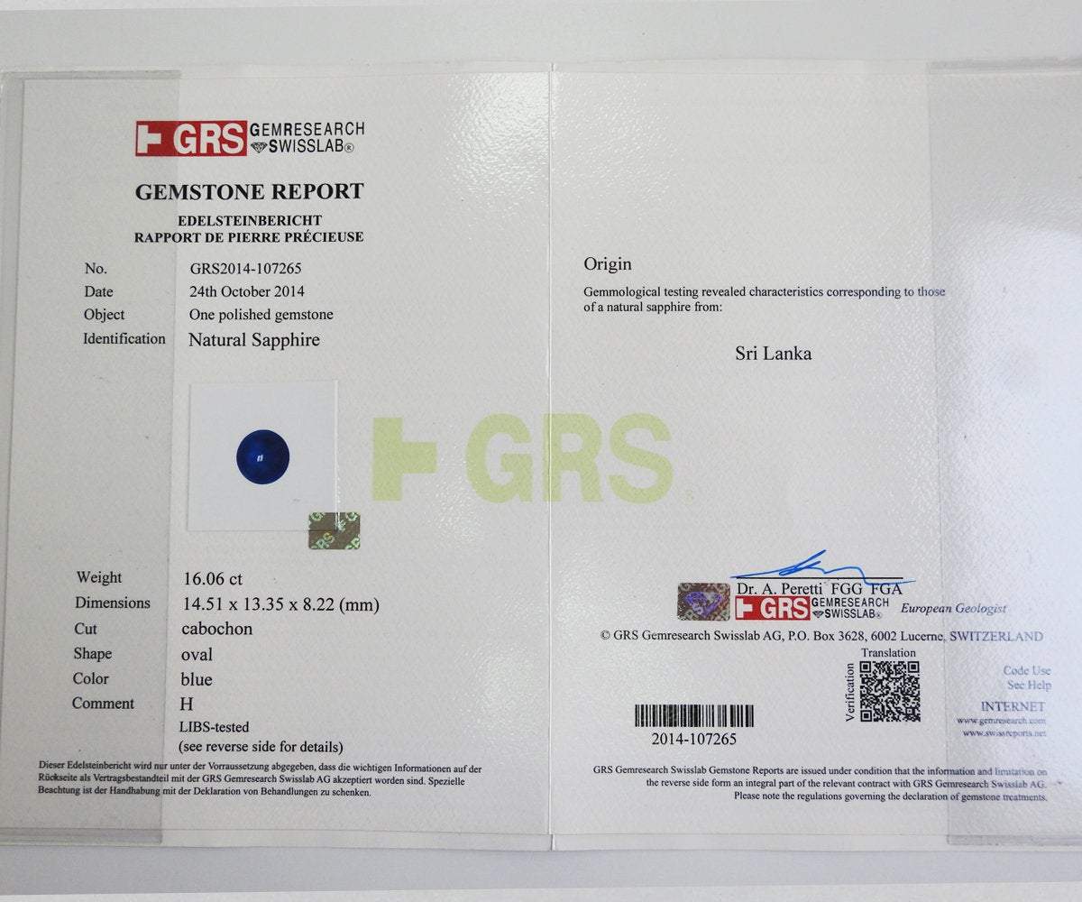 Sapphire Cabochon 14mm Round Oval shaped Certified by GRS 16.06 carat Genuine Sapphire for Gemstone Collectors or Huge Pendant