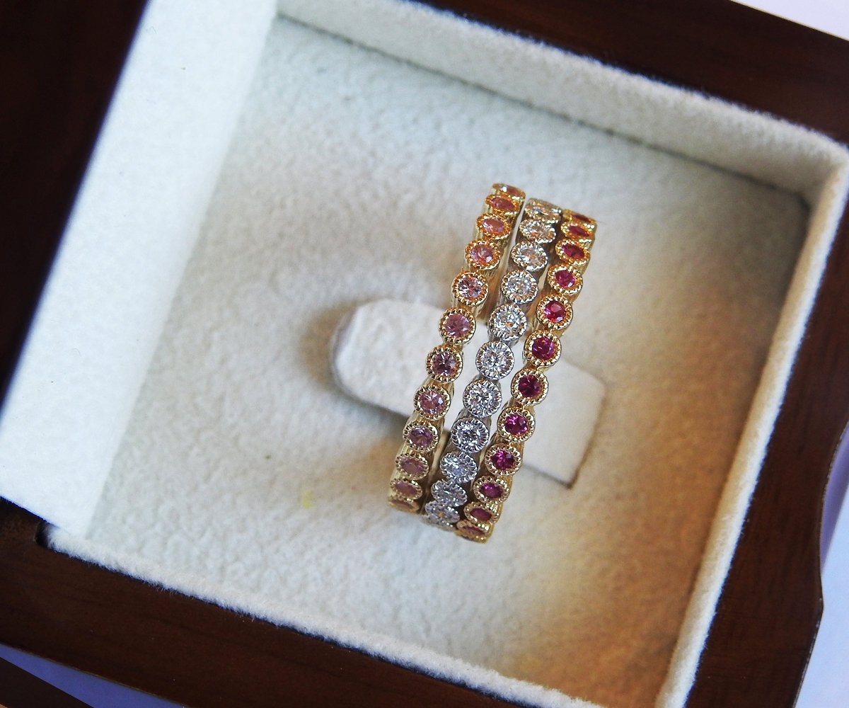 Stacking Rings Bands Jewelry Ring Set Ruby Diamond Pink Sapphire Genuine Gemstones Top Quality 45 stones Anniversary Gift 3 Rings 14K Gold