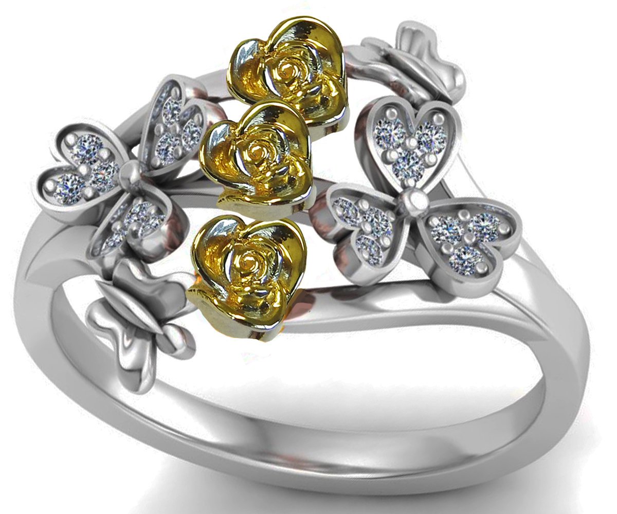 Two Tone Yellow & White 3 Rose Flowers Ring Promise Ring Unique Engagement Ring Birthday Gift For Her