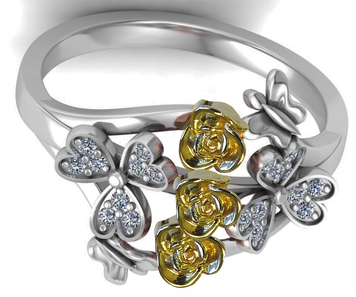 Two Tone Yellow & White 3 Rose Flowers Ring Promise Ring Unique Engagement Ring Birthday Gift For Her