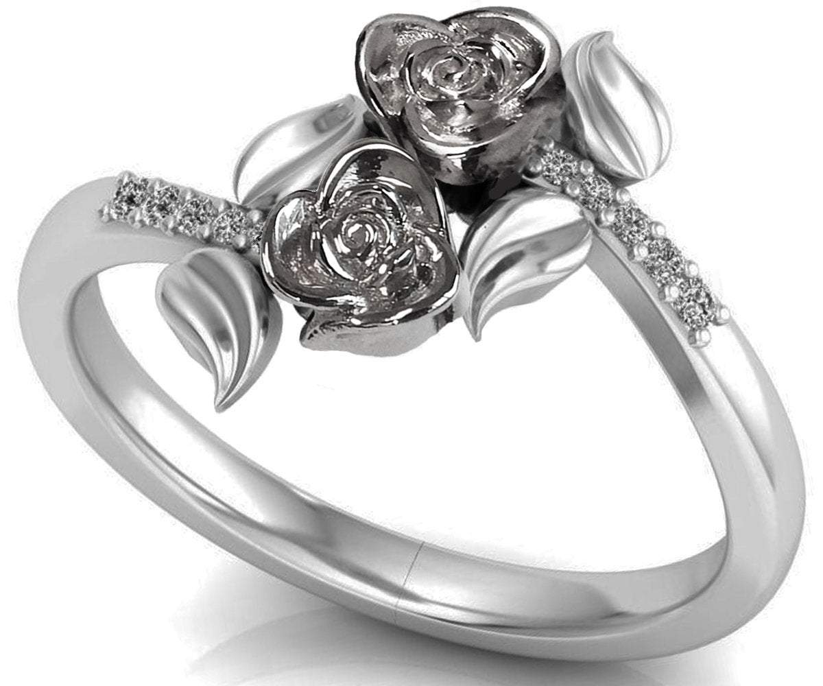 2 Roses in White Gold Leaf Ring Flower Ring Friendship Ring Unique Engagement Ring Diamonds Ring Floral ring Graduation Gift For Her