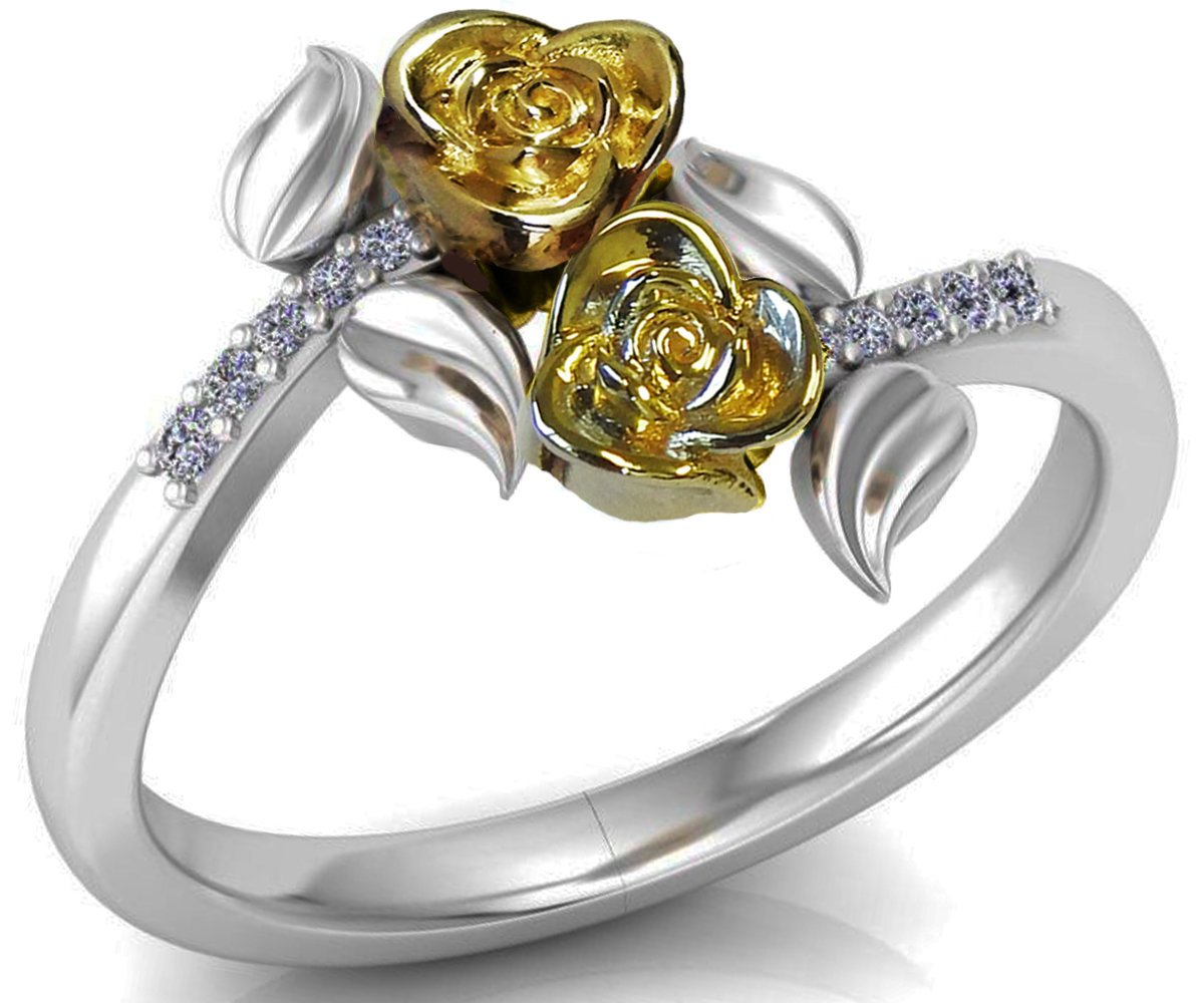 2 Tone Gold 2 Flowers Leaves Ring, Yellow & White Floral Ring, Promise Ring Unique Engagement Ring with Side Diamonds