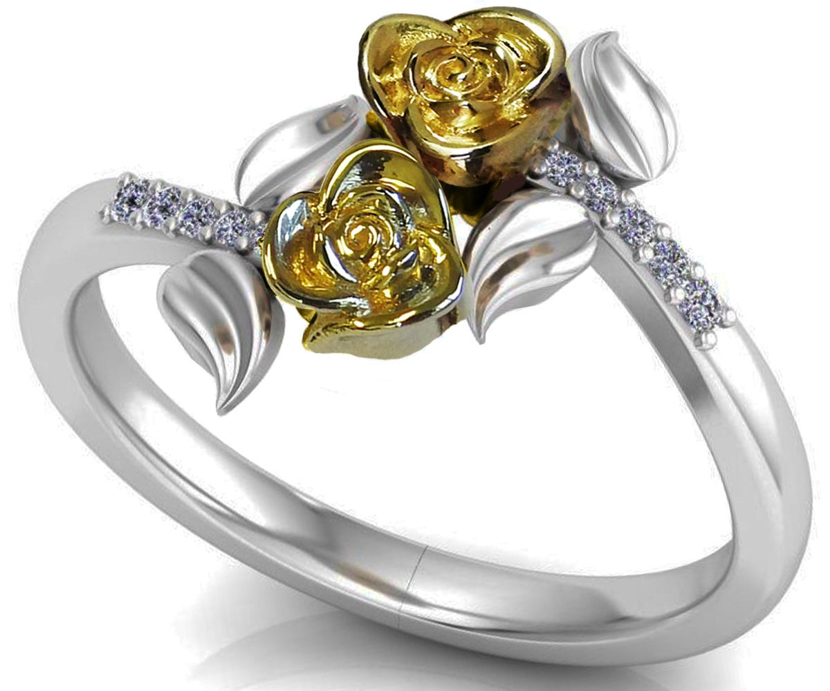 2 Tone Gold 2 Flowers Leaves Ring, Yellow & White Floral Ring, Promise Ring Unique Engagement Ring with Side Diamonds