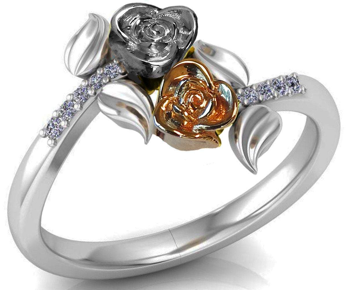 Leaves Ring Two Tone Rose & White  Promise Ring Unique Engagement Ring with Side Diamonds Floral ring Birthday Gift For Her - Lianne Jewelry