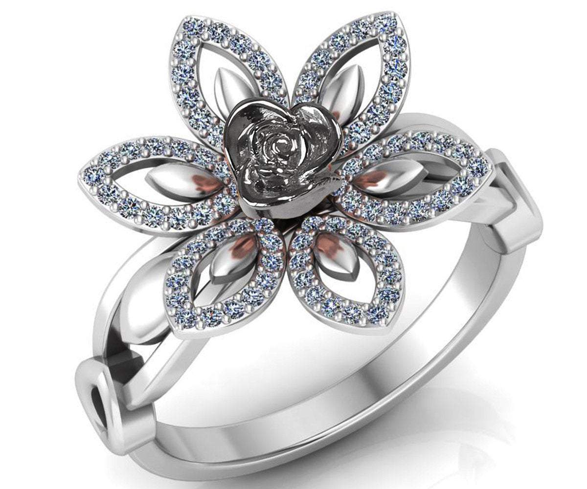 Flower Engagement Ring, Silver Floral Leaf Ring, Diamond Leaf Ring, Natural Diamonds, 6 leaves Silver Flower Ring, Twig Ring Birthday Gift