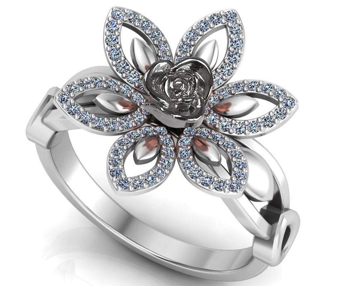 Flower Engagement Ring, Silver Floral Leaf Ring, Diamond Leaf Ring, Natural Diamonds, 6 leaves Silver Flower Ring, Twig Ring Birthday Gift - Lianne Jewelry