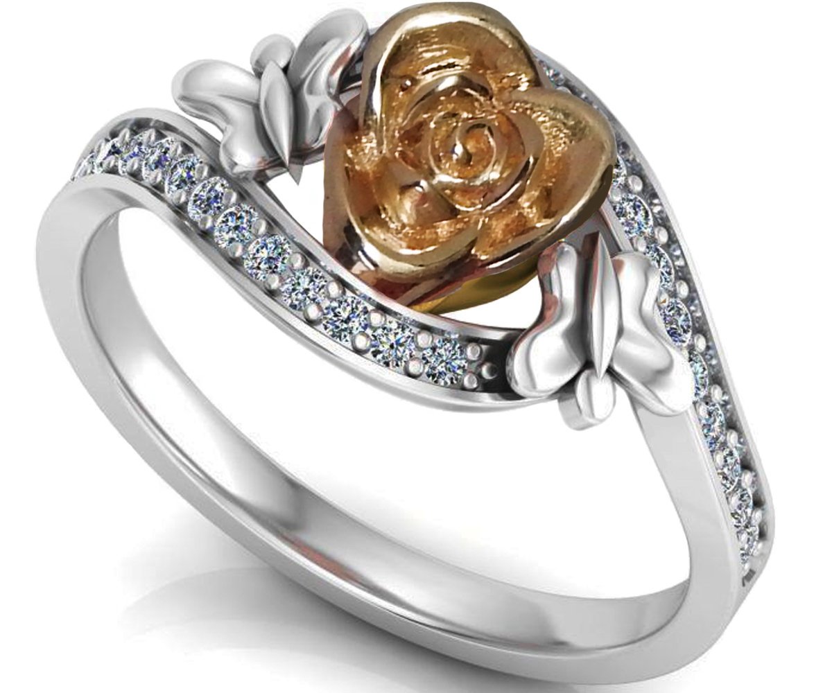 Flower Ring Two Tone Yellow & White Promise Ring Unique Engagement Ring with Side Diamonds Floral ring Birthday Gift For Her Gift