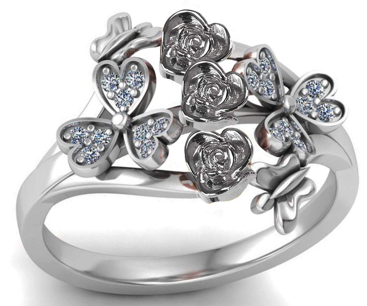 Branch Ring Leaf Ring 18K White Gold Floral Promise Ring Unique Engagement Ring with Side Diamonds Birthday Gift For Her
