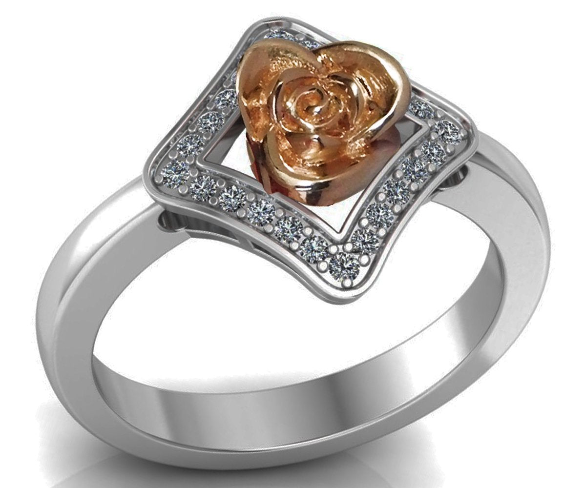 Frame Pave Rose Flower Engagement Ring Flower 18K  Ring Friendship Ring Unique Engagement Ring with Side Diamonds Floral ring For Her