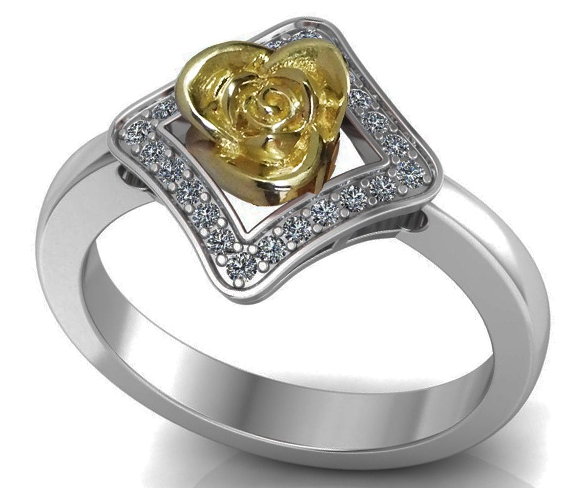 2 Tone Gold Square Flower Pave Diamond Ring, Unique Engagement Ring
