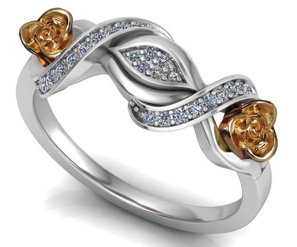 Two Tone Rose & White Flower Ring Promise Ring Love Ring Curved shank Unique Engagement Ring with Side Diamonds Floral ring Birthday