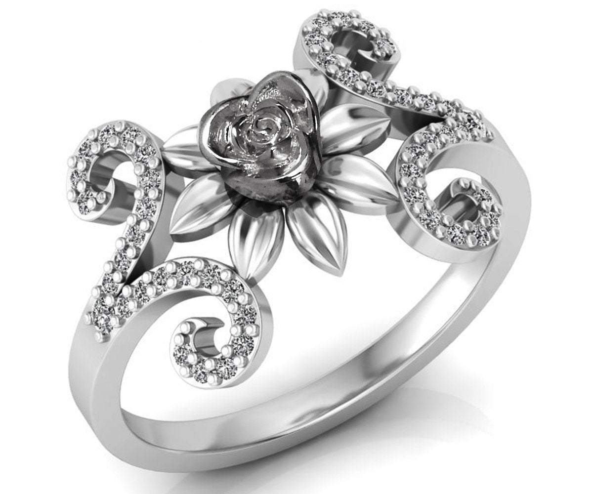 Birthday Gift White Gold Flower Ring Promise Ring Unique Engagement Ring with Side Diamonds Floral ring Birthday Gift For Her day - Lianne Jewelry
