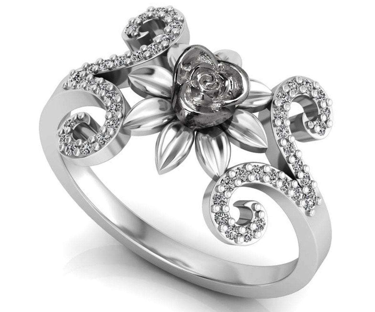 Birthday Gift White Gold Flower Ring Promise Ring Unique Engagement Ring with Side Diamonds Floral ring Birthday Gift For Her day