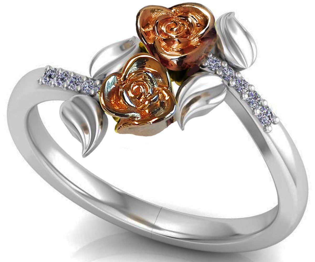 Two Rose Roses Leaves Engagement Ring, White gold Flower Ring, Branch Ring, Tree Ring, Floral ring, Birthday Gift For Her, Gift