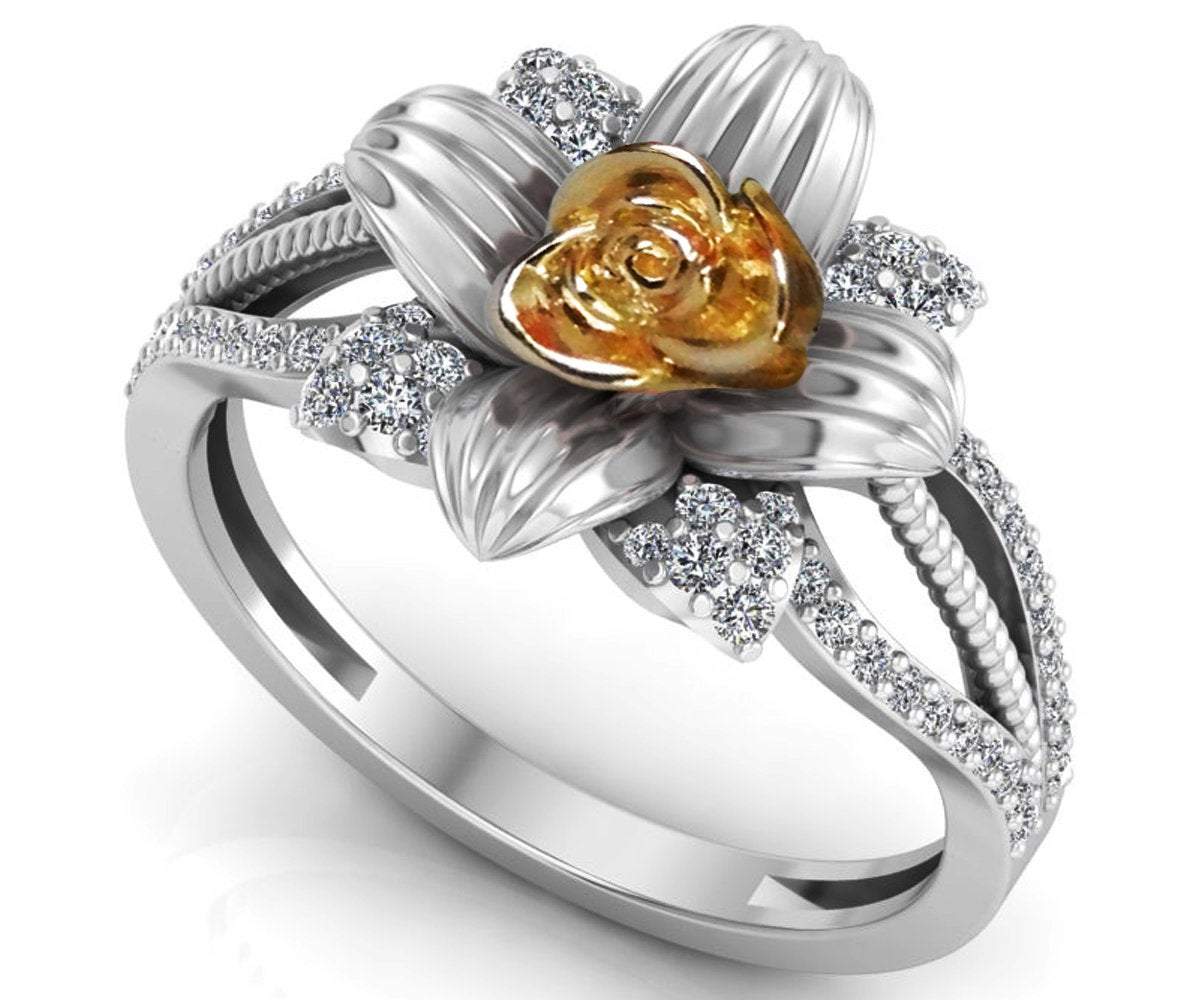 Art Nouveau Two Tone Yellow & White Flower Ring Leaves Ring Unique Engagement Ring Floral ring Birthday Gift For Her Gift