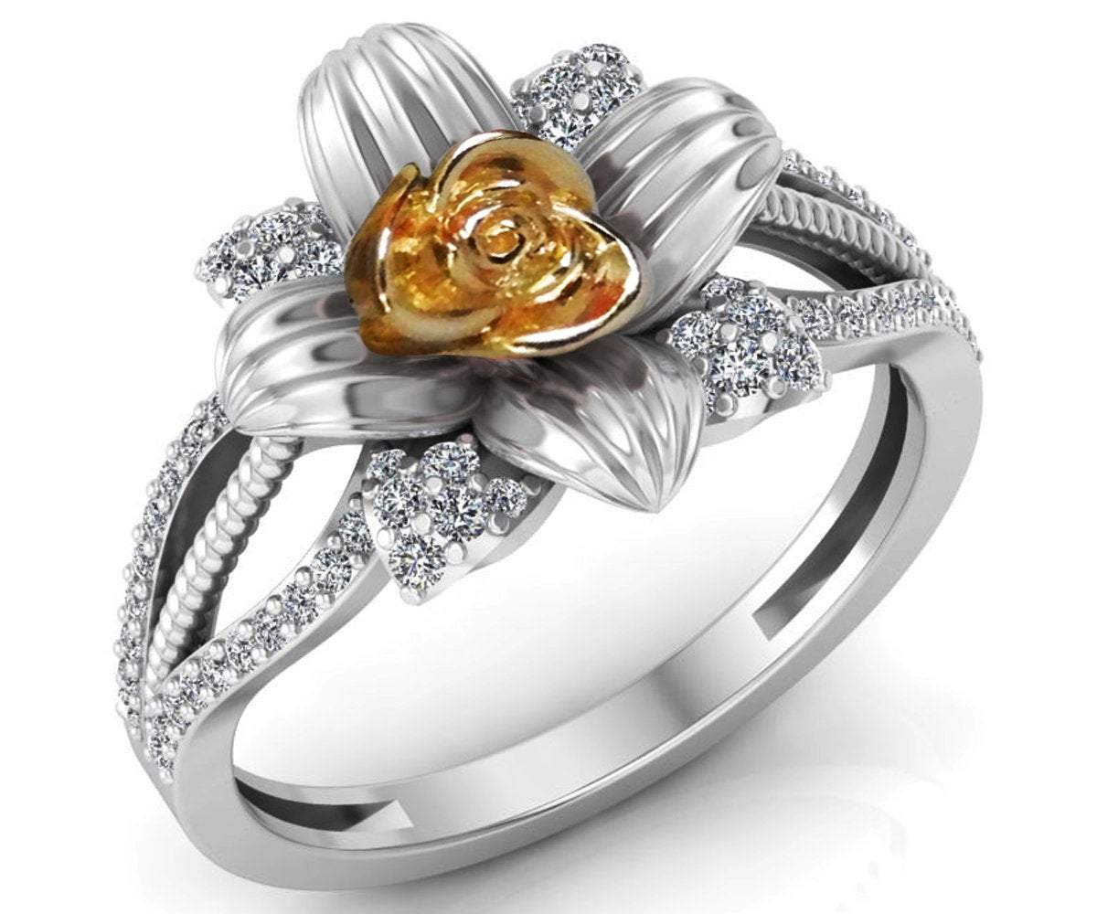 Art Nouveau Two Tone Yellow & White Flower Ring Leaves Ring Unique Engagement Ring Floral ring Birthday Gift For Her Gift
