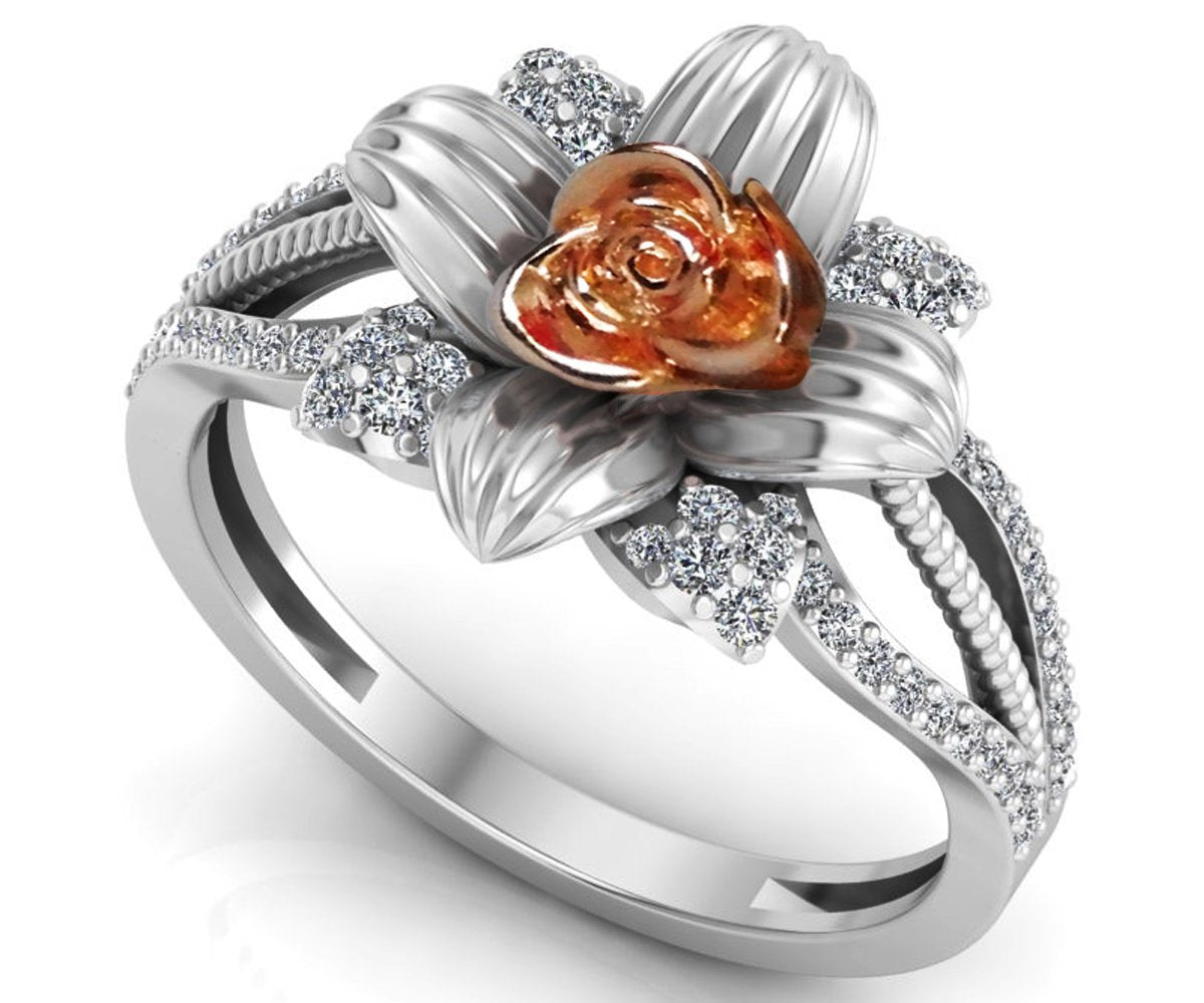 Rose Rose Engagement Ring Flower 2 Tone Rose & White Flower Ring Promise Ring with Side Diamonds Floral ring For Her Lover Gift