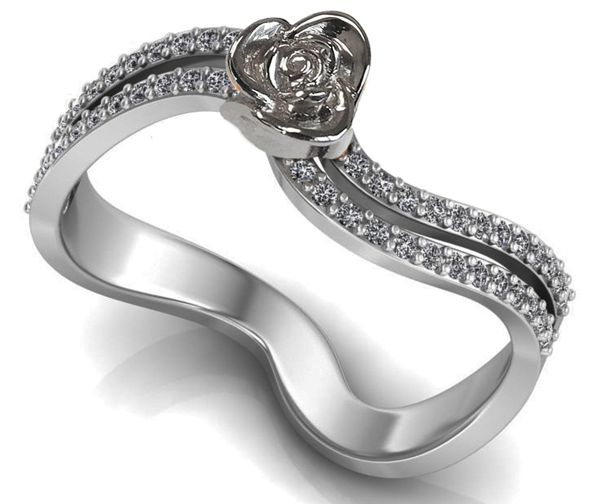 Curved Anniverary Ring, White Rose in White Gold Flower Ring, Promise Ring, Diamond Ring, with Side Diamonds, Floral ring, Anniversary Gift