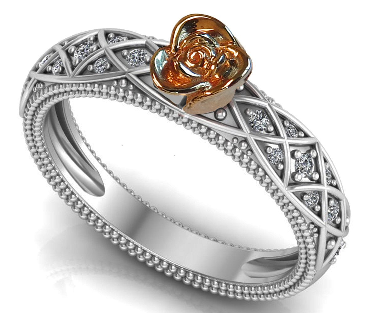 Two Tone Rose & White Flower Ring Promise Ring Unique Engagement Ring with Side Diamonds Floral ring Birthday Gift For Her