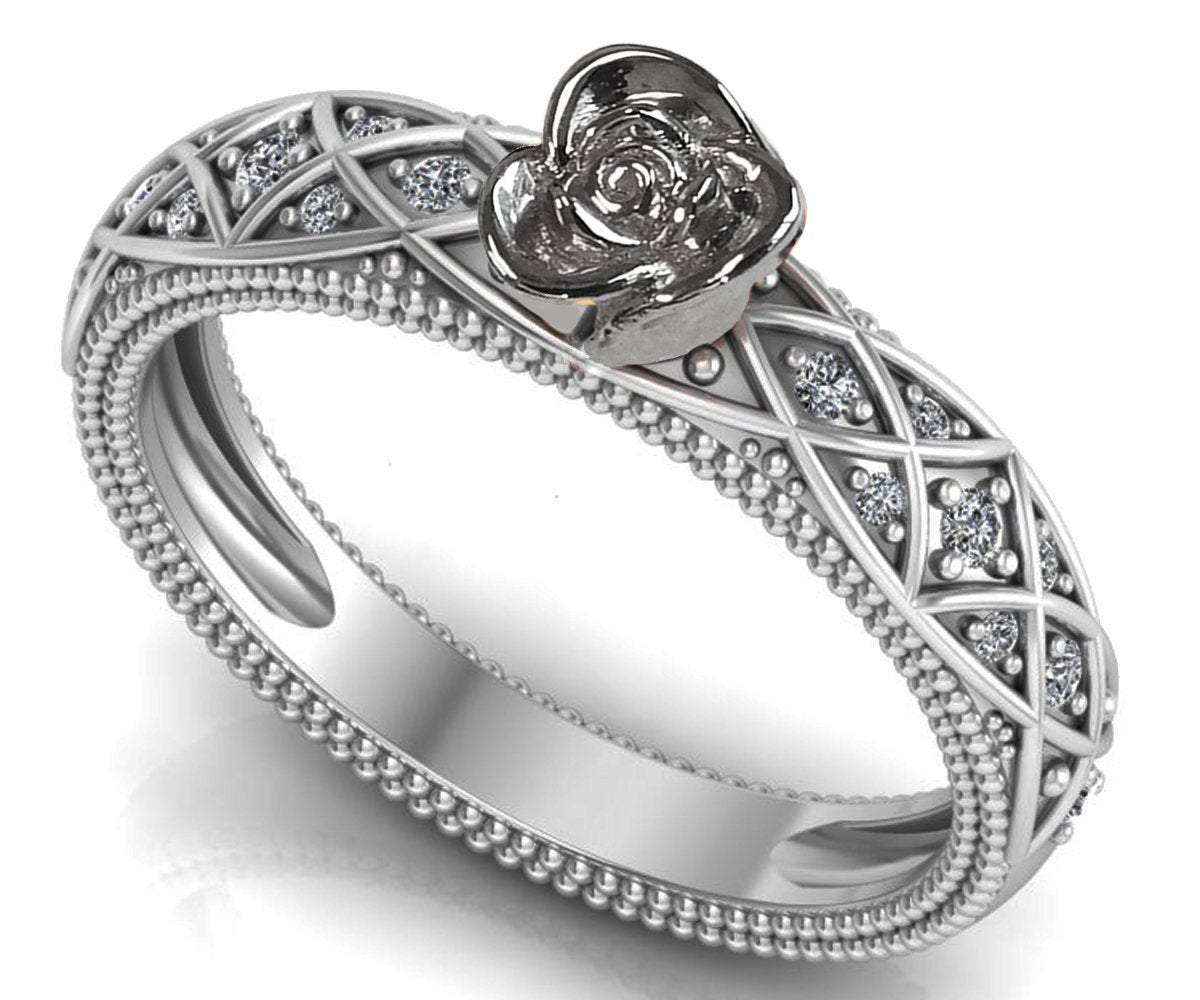 Milgrain Engagement Ring, White Gold Flower Ring, Promise Ring, Unique Engagement Ring, with Side Diamonds, Floral ring, Birthday Gift