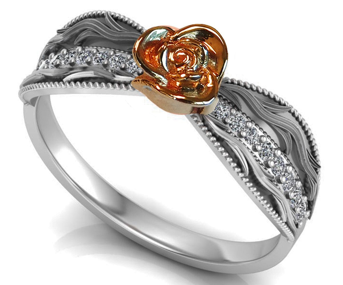 Two Tone Rose & White Flower Ring Promise Ring Unique Engagement Ring with Side Diamonds Floral ring Birthday Gift For Her Gift