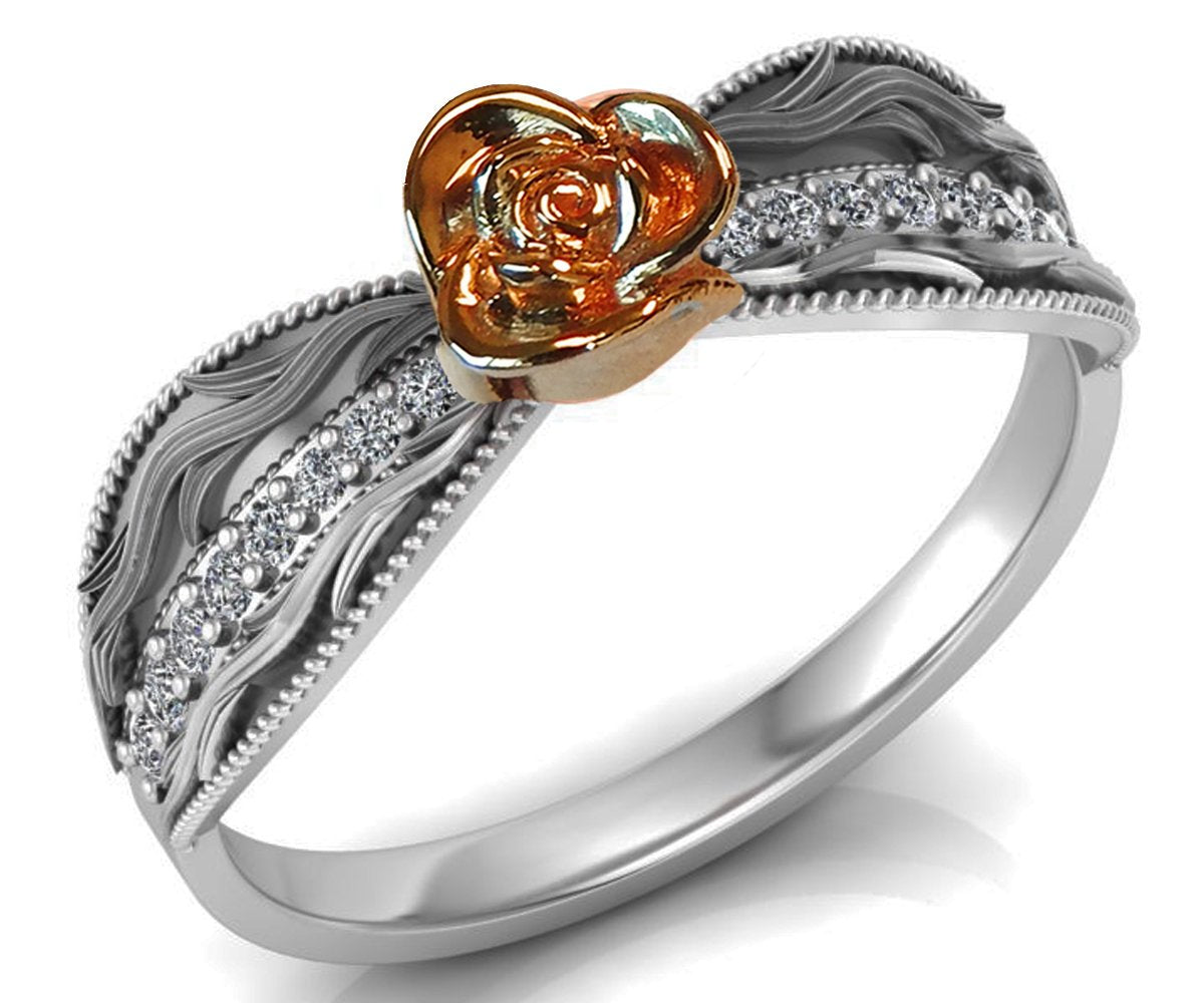Two Tone Rose & White Flower Ring Promise Ring Unique Engagement Ring with Side Diamonds Floral ring Birthday Gift For Her Gift - Lianne Jewelry