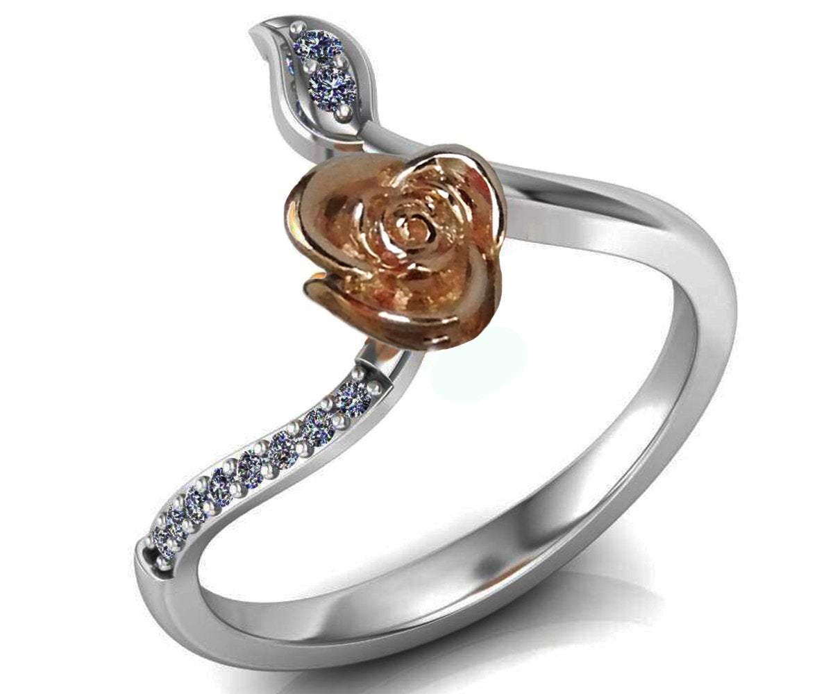 Minimalist Rose Engagement Ring, 2 Tone Rose Flower White Leaf Love Ring, Unique Engagement Ring, Girls Ring, For Her, Back to school - Lianne Jewelry