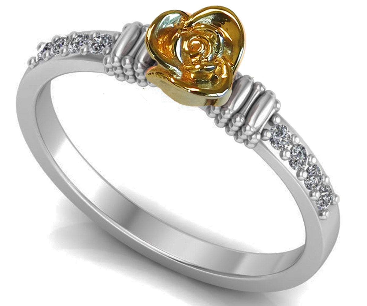 Unique Diamond Ring Two Tone Yellow Rose & White Shank Leaves Ring Unique Engagement Ring Art Nouveau Floral ring Birthday Gift For Her
