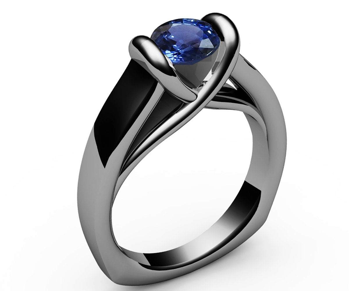 Sapphire Ring Unique Engagement Ring Solitaire Ring Bar setting Tension Heavy Ring 18K White gold - Lianne Jewelry