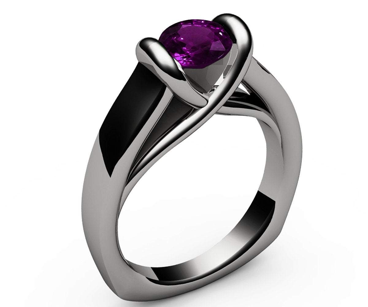 Amethyst Ring Unique Engagement Ring Solitaire Ring Bar setting Tension Heavy Ring 18K Yellow gold For Her as