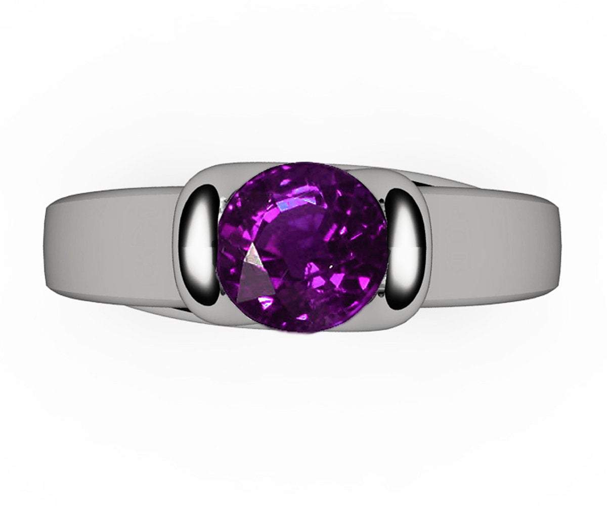 Solitaire Amethyst Tension Ring, Cathedral Twist Ring, Unique Engagement Ring, Heavy Bar Setting Ring, 18K Gold