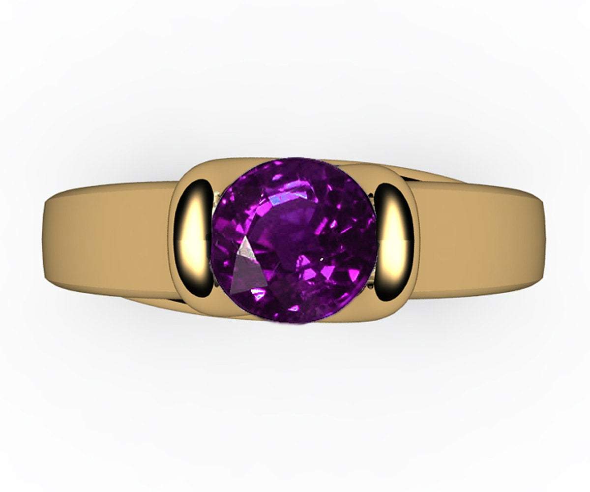 Solitaire Amethyst Tension Ring, Cathedral Twist Ring, Unique Engagement Ring, Heavy Bar Setting Ring, 18K Gold