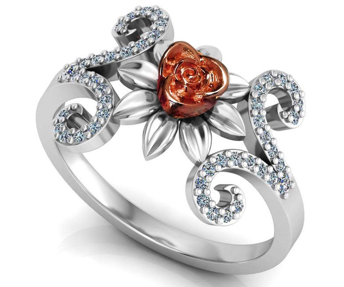 Two Tone Rose Flower Rose Floral Ring Leaves Ring Unique Engagement Ring Art Nouveau Floral ring Birthday Gift For Her Gift