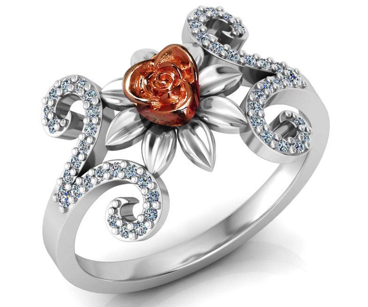 Two Tone Rose Flower Rose Floral Ring Leaves Ring Unique Engagement Ring Art Nouveau Floral ring Birthday Gift For Her Gift