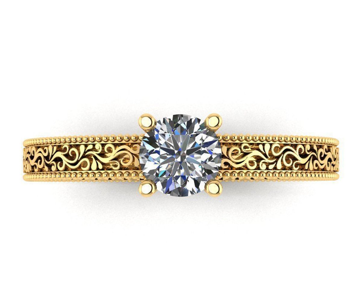 Diamond Solitaire Ring Unique Engagement ring Milgrain Filigree Ring 18K Yellow Gold Engagement Gift