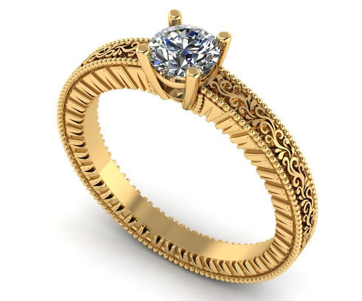 Diamond Solitaire Ring Unique Engagement ring Milgrain Filigree Ring 18K Yellow Gold Engagement Gift - Lianne Jewelry