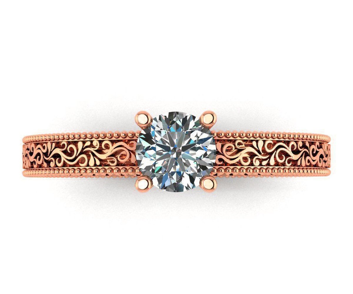 Rose Gold Engagement Ring, Filigree Shank, wth one Diamond