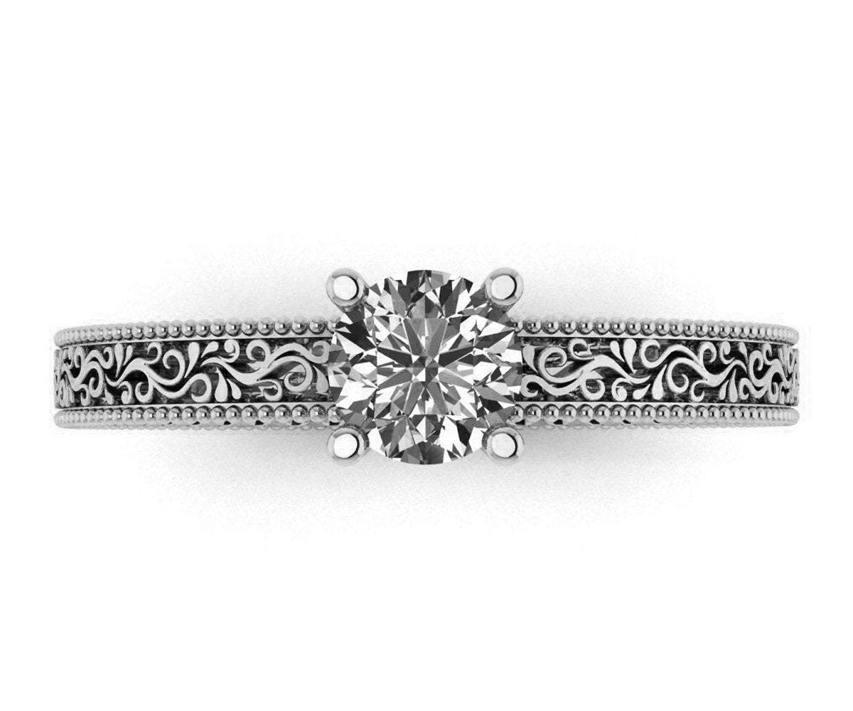 Diamond Solitaire Ring Unique Engagement ring Milgrain Filigree Ring 18K White Gold Engagement Gift