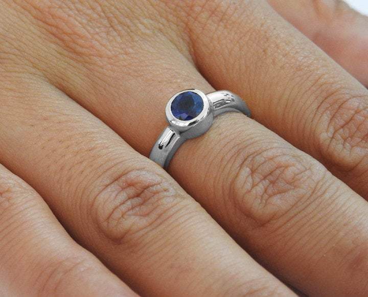 Promise Ring Sapphire Ring Round Solitaire Ring Engagement Ring Bezel set Sapphire Ring 14K White gold September Birthstone