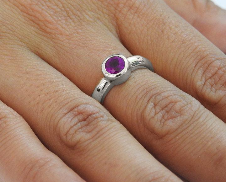 Solitaire Amethyst Ring Halo Ring Engagement Ring Bezel set Purple Genuine Gemstone  in 14K White gold February Birthstone