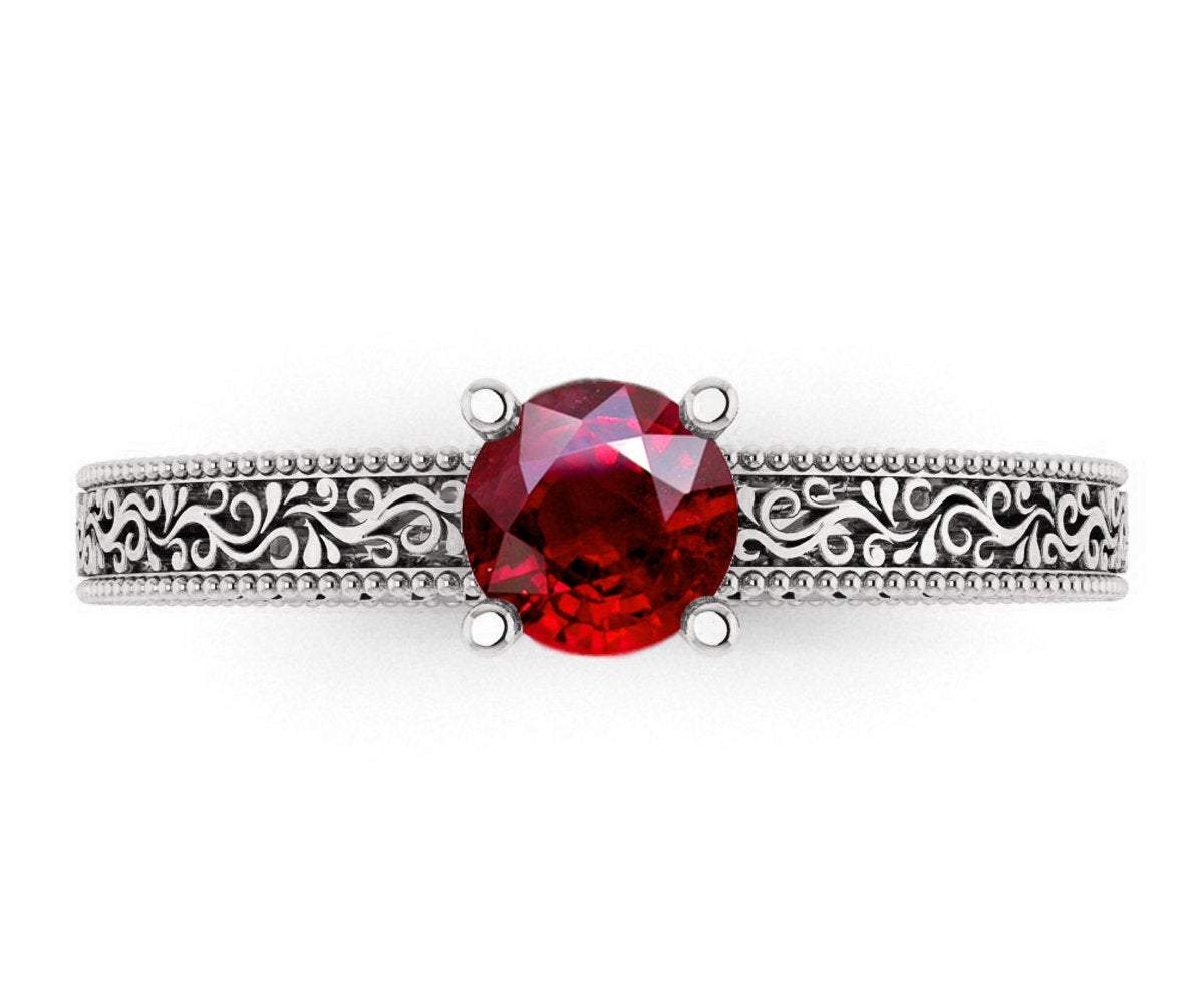Solitaire Filigree Ruby Ring Unique Ruby Engagement ring Milgrain Ring 18K White Gold Ring