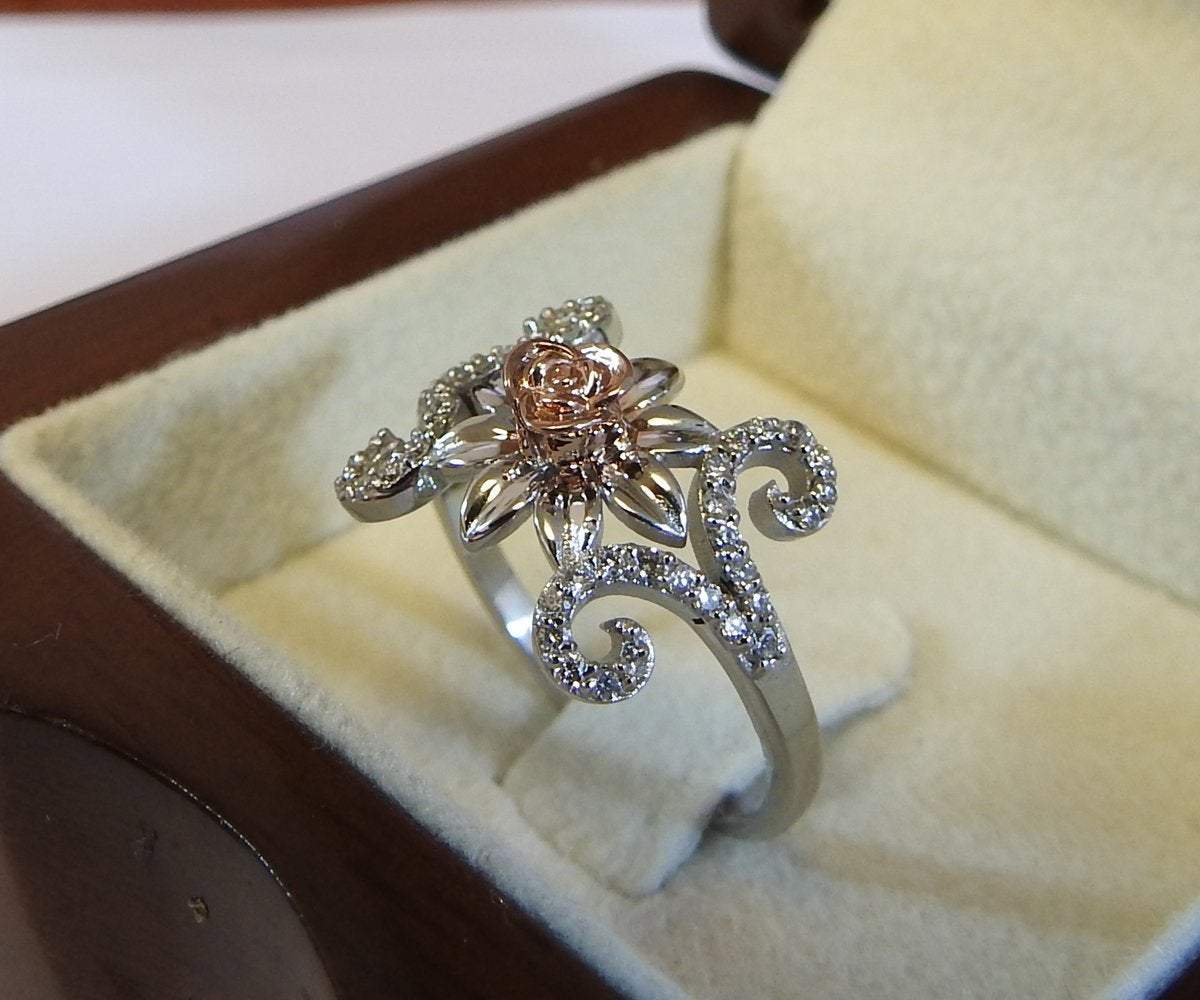 Two Tone Rose Flower Rose Floral Ring Leaves Ring Unique Engagement Ring Art Nouveau Floral ring Birthday Gift For Her Gift