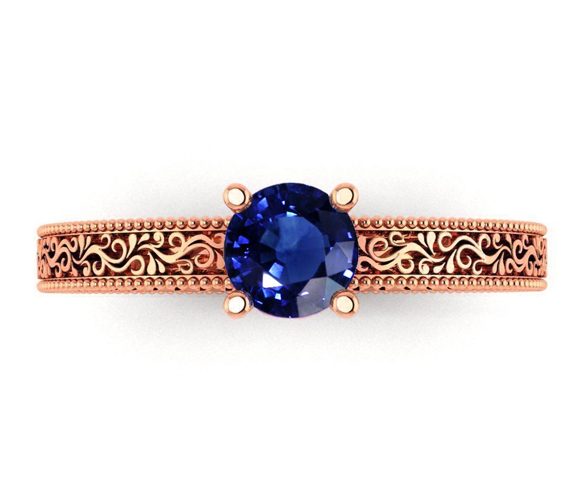 Rose Gold Solitaire Filigree Sapphire Ring, Unique Blue Sapphire Engagement ring, Milgrain Ring 18K Gold