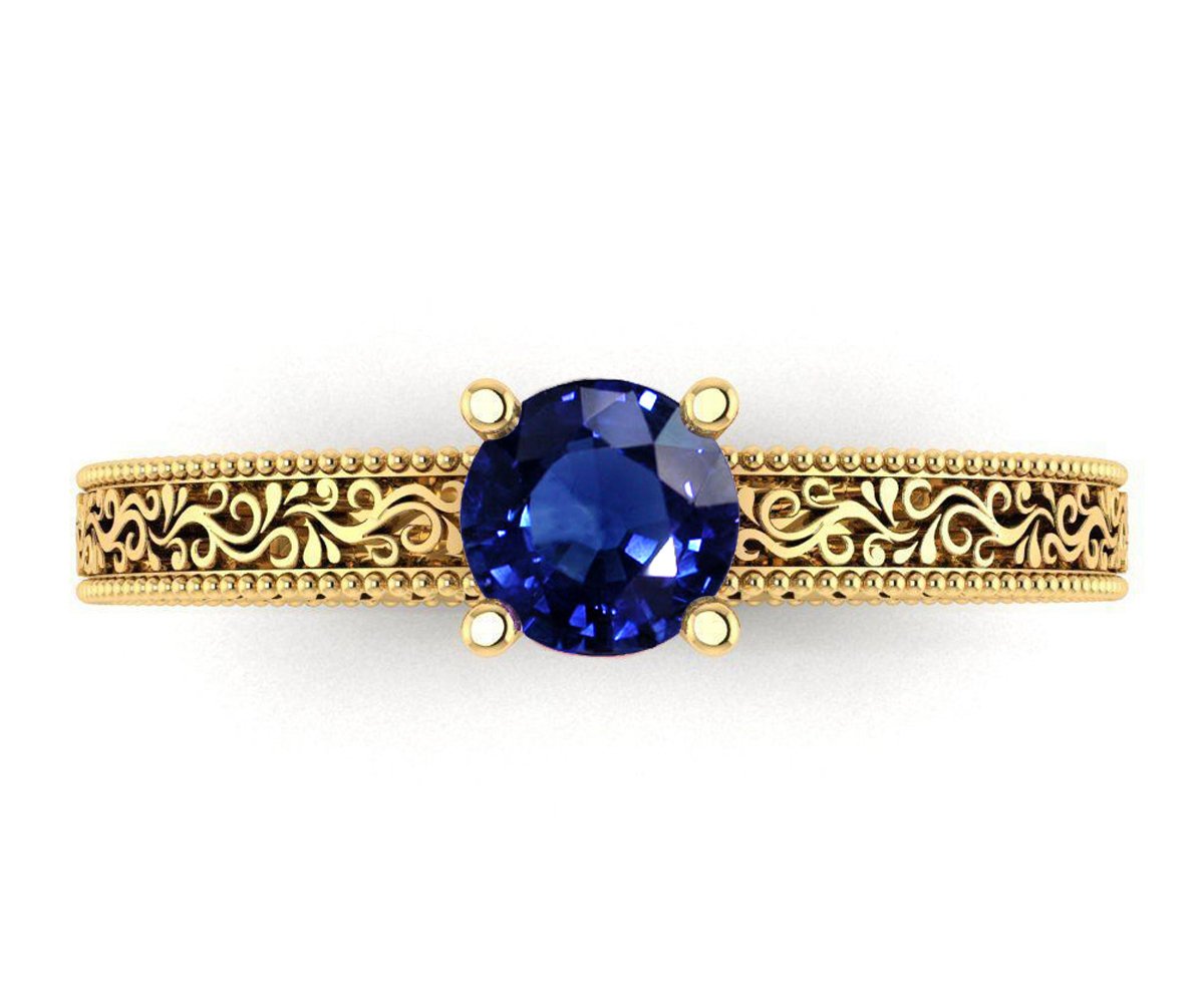 Sapphire Solitaire Filigree Ring, Unique Blue Genuine Sapphire Engagement ring Milgrain Ring 18K Yellow Gold Ring