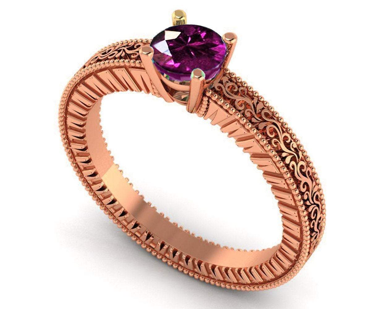18K White Gold Solitaire Filigree Amethyst Ring Unique Purple Amethyst Engagement Ring  Milgrain Ring Ring
