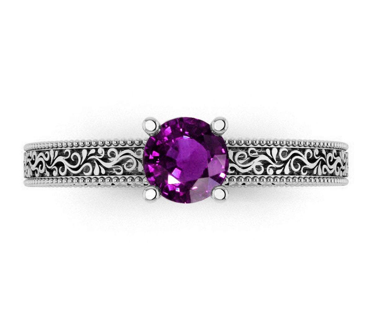 18K White Gold Solitaire Filigree Amethyst Ring Unique Purple Amethyst Engagement Ring  Milgrain Ring Ring
