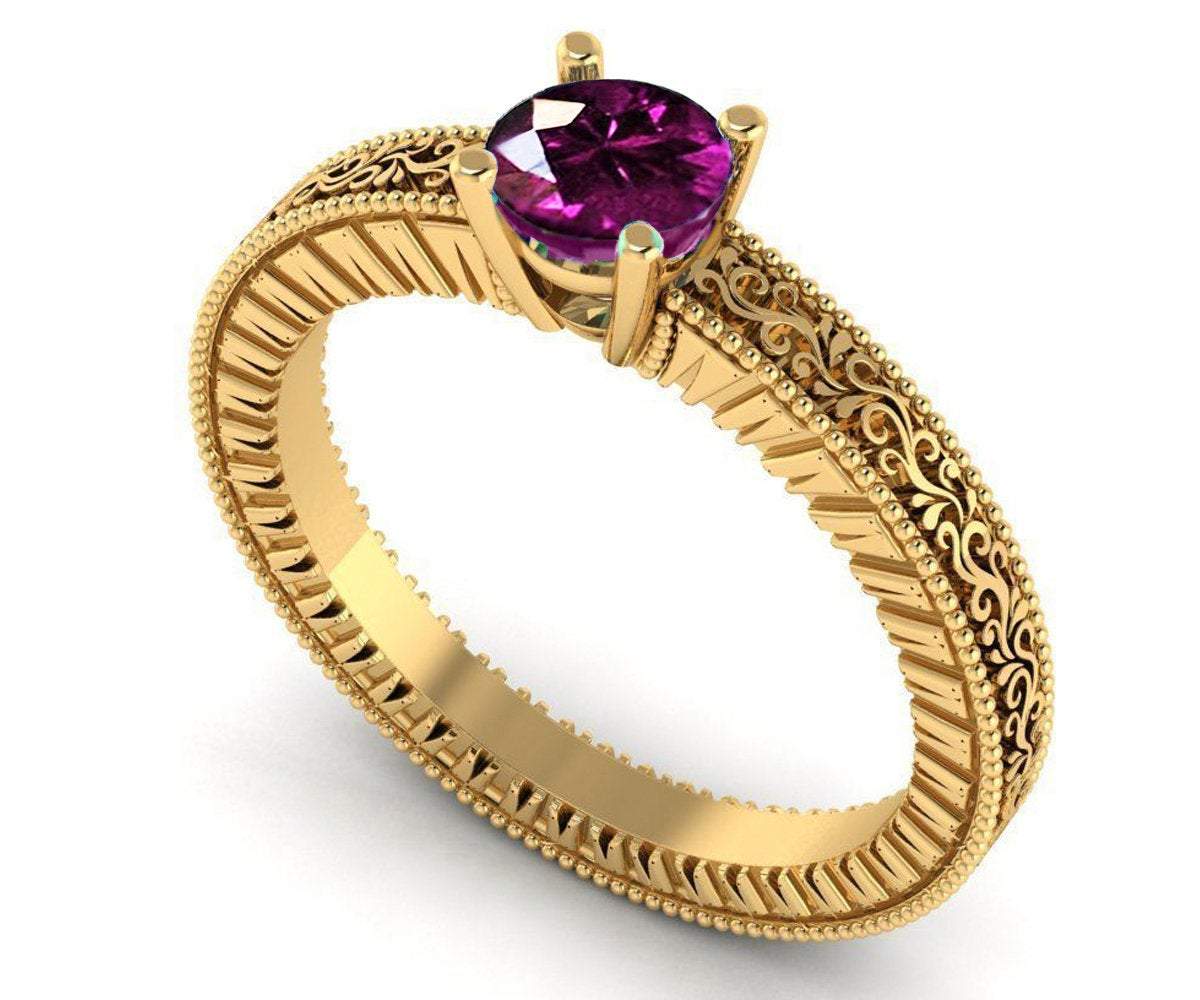 18K Rose Gold Solitaire Filigree Amethyst Ring Unique Purple Amethyst Engagement Ring  Milgrain Ring Ring