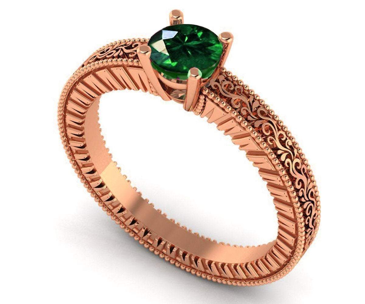Solitaire Filigree Emerald Ring Unique Green Emerald Engagement Ring Milgrain Ring 18K Yellow Gold Ring