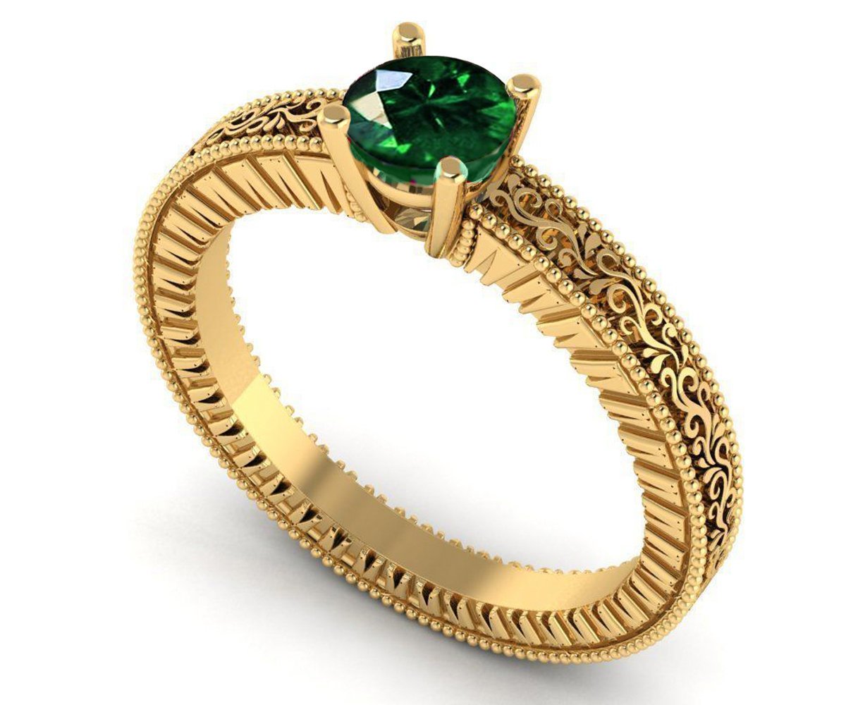 18K Rose Gold Solitaire Filigree Emerald Ring Unique Milgrain Engagement Ring